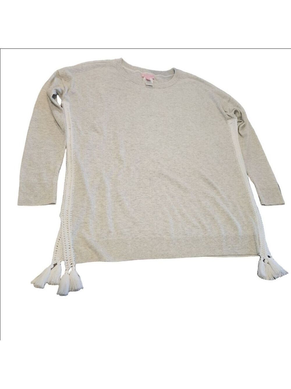Women's Lilly Pulitzer XS Heather Grey White Tassel Crew Neck Knit Sweater